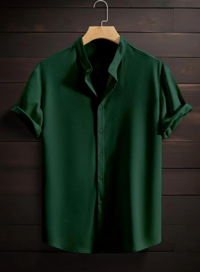 Take Two Men Dark Green Mandarin Collar Short Sleeve Shirt